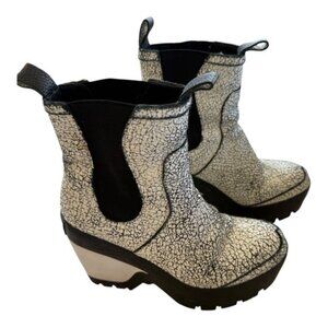 Hunter Boots Chelsea Crackle Leather Black and White Platform Wedge Size 6